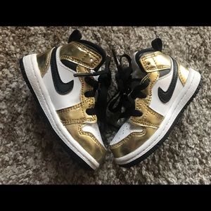 Gold/white/black Jordan 1s, mid toddler size 5c